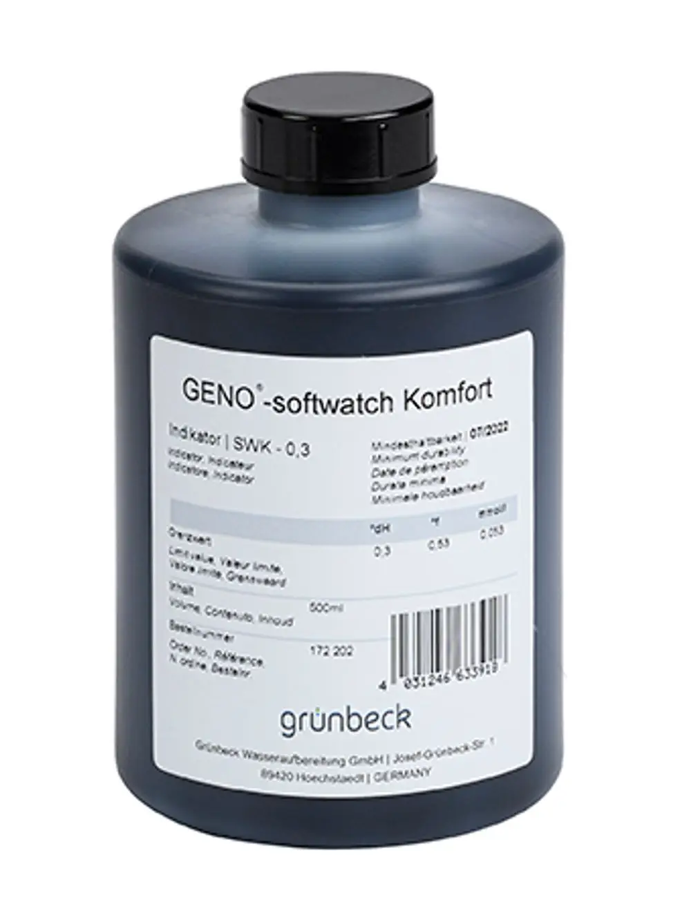 Dunkle Flasche mit schwarzem Deckel, Etikett mit Produktinformation und Barcode, Inhalt 500 ml, bezeichnet als Indikator, hergestellt von Grünbeck.